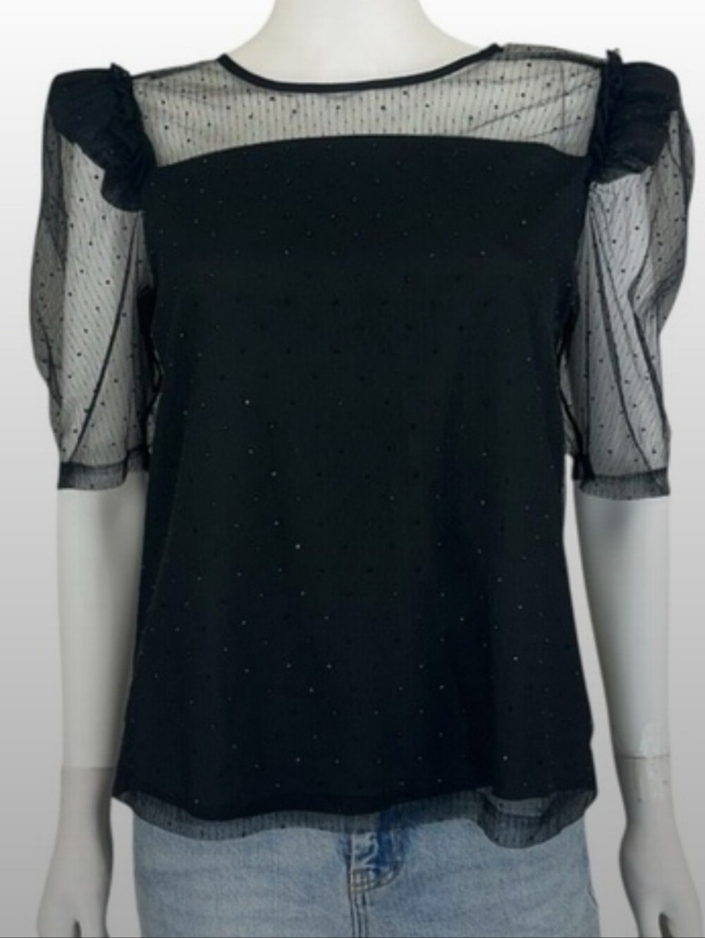 DKNY Black Mesh Popover Top, Size M